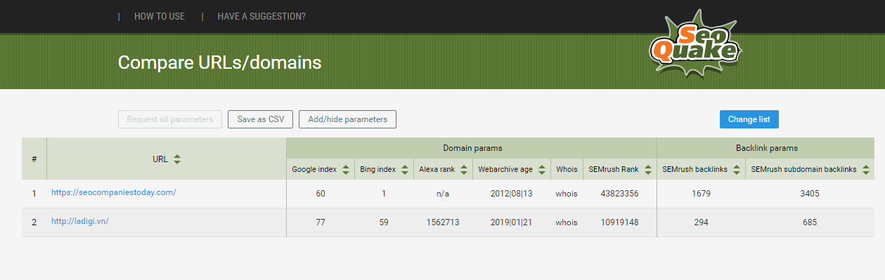 Mục so sánh domain/ url trong SEOquake